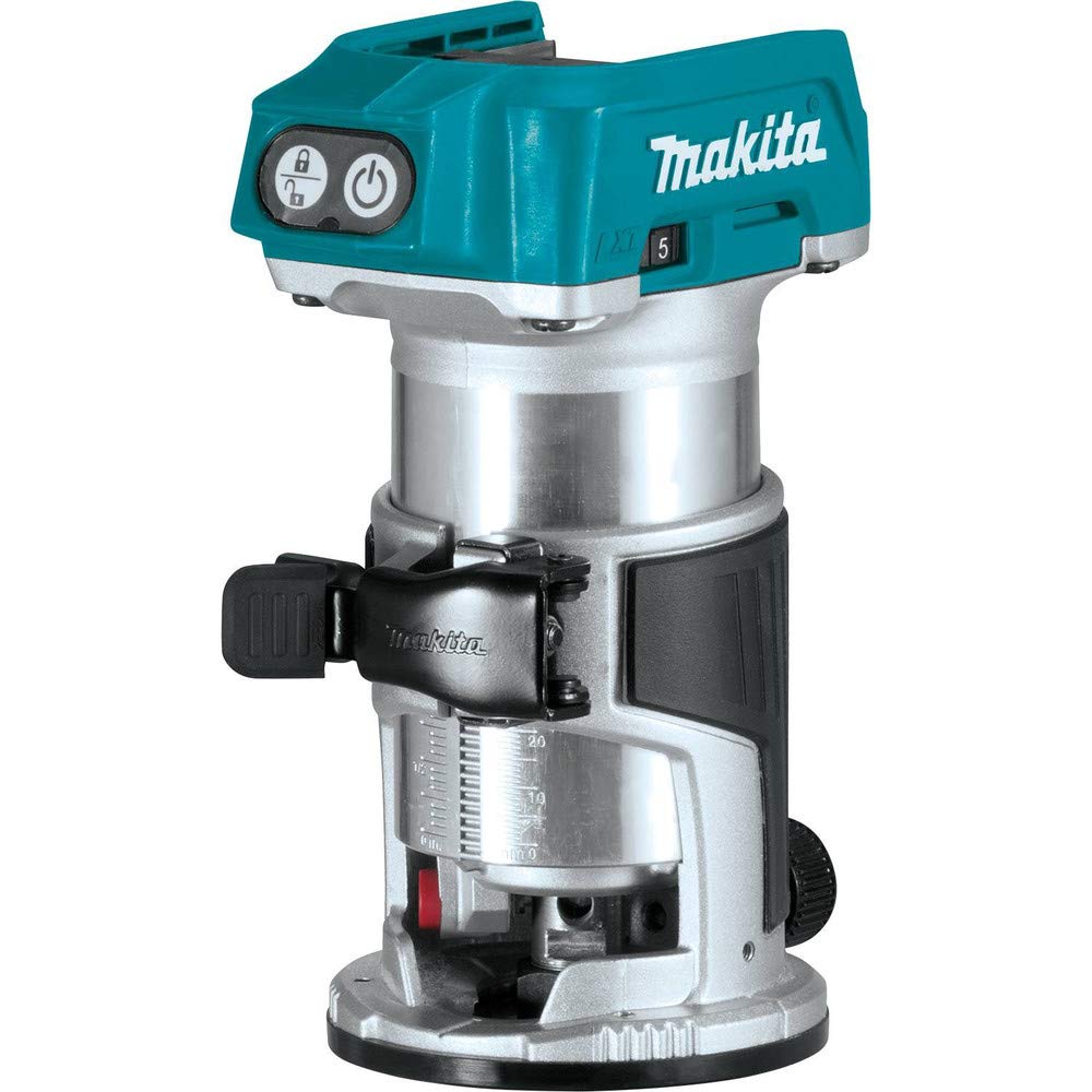 Makita XTR01Z cordless router showing variable-speed dial for precise cuts