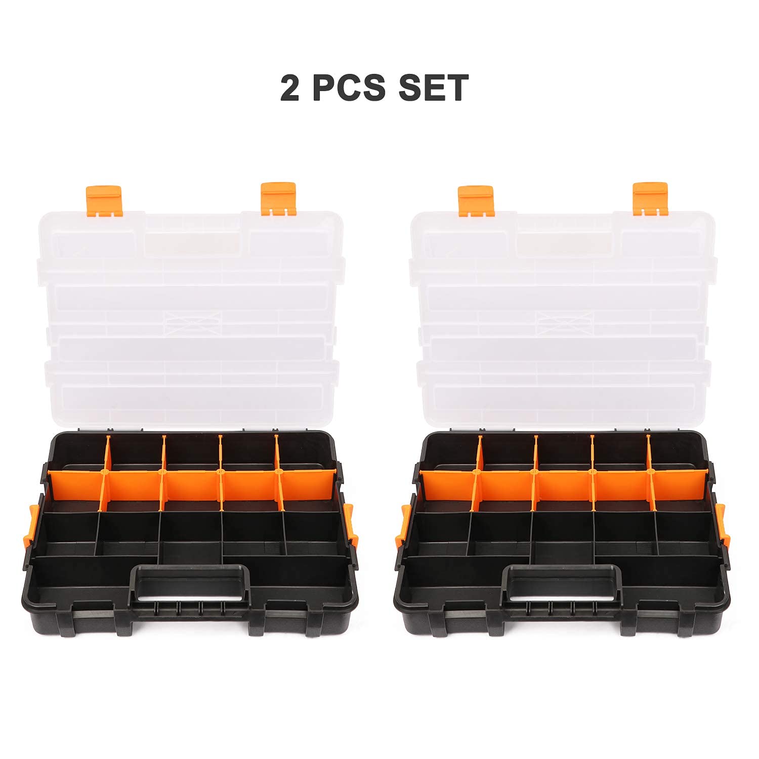 Makitoyo organizer with clear lids and orange closures for quick checks.