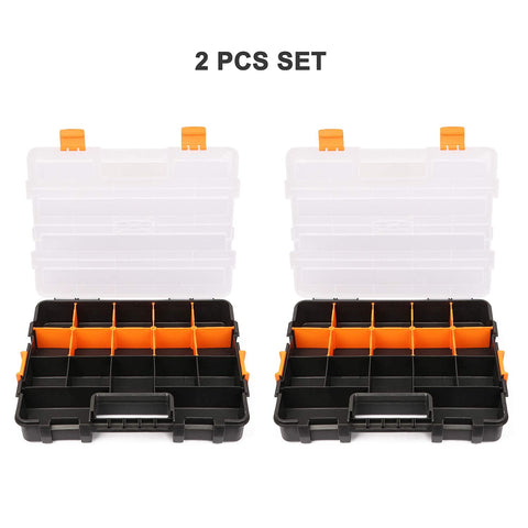 Makitoyo organizer with clear lids and orange closures for quick checks.