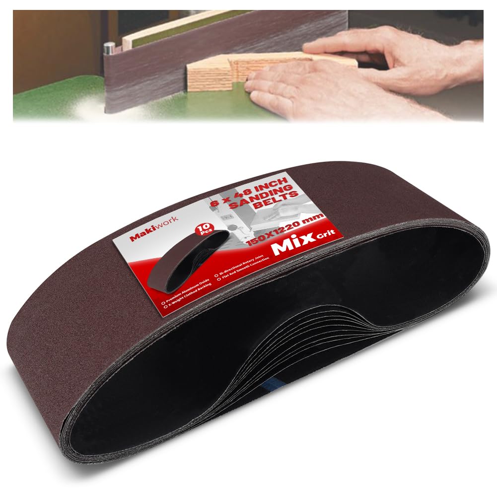 Makiwork 6x48 inch sanding belt 80-grit for heavy material removal.