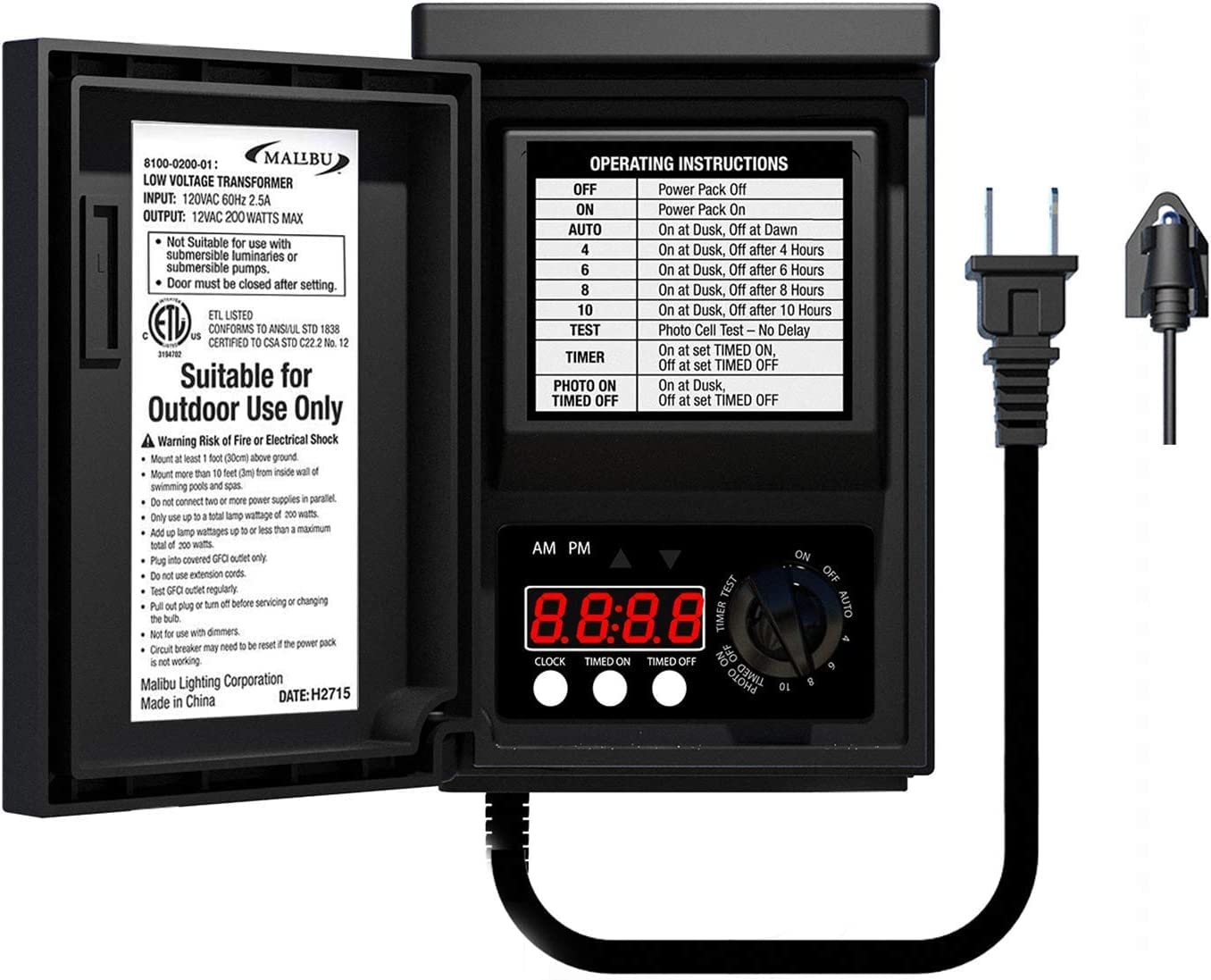 Malibu C 200W power pack front panel highlights a compact outdoor transformer.