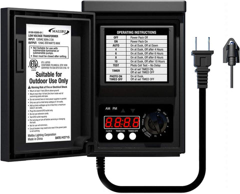 Malibu C 200W power pack front panel highlights a compact outdoor transformer.