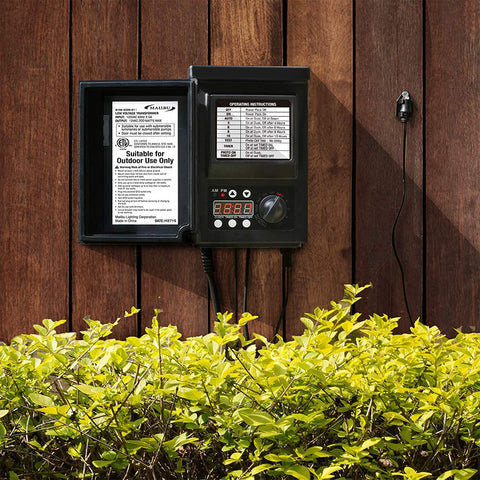 Malibu C power pack photo sensor enables automatic dusk-to-dawn lighting control.