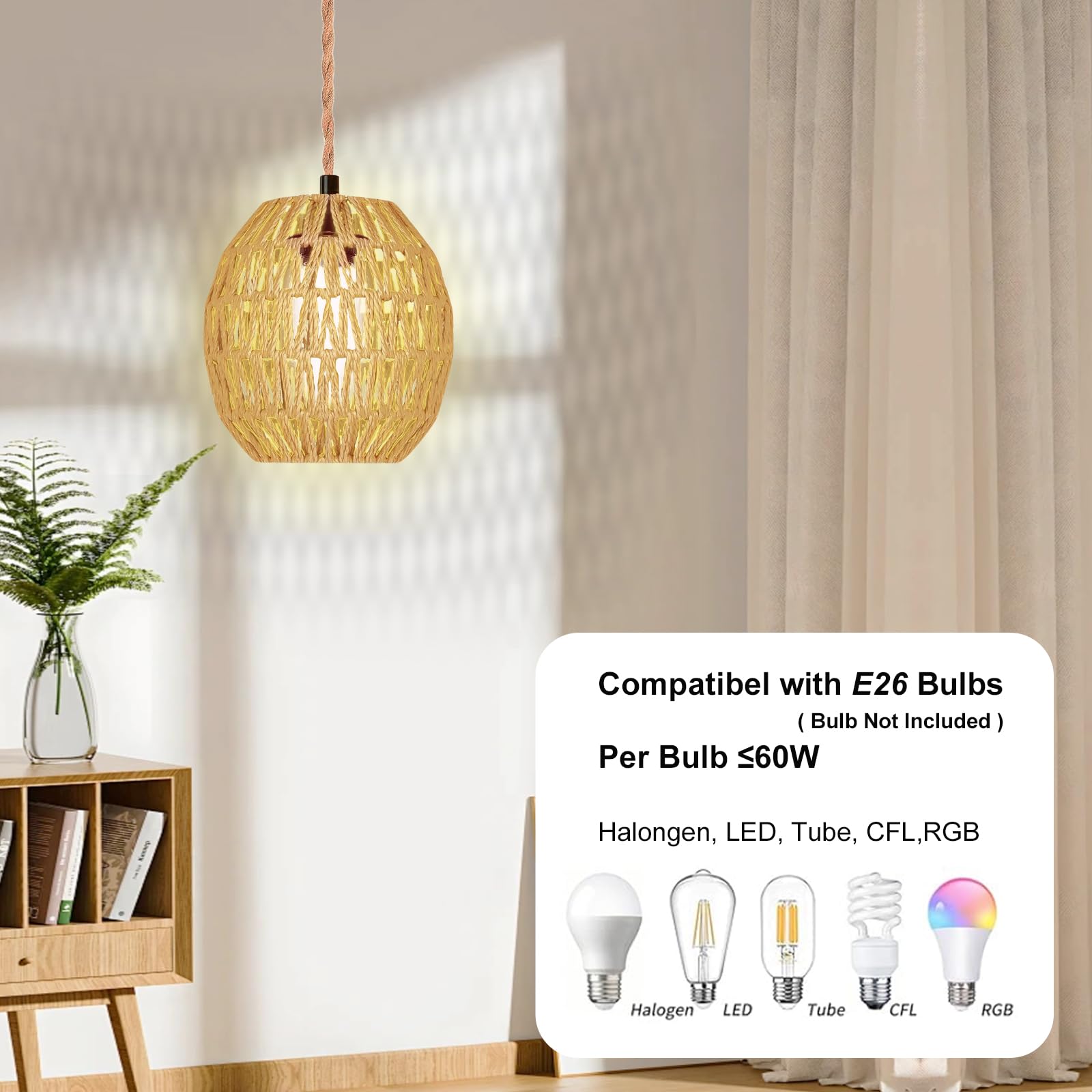 Maliralt rattan shade adds rustic charm to bedrooms and dining areas.