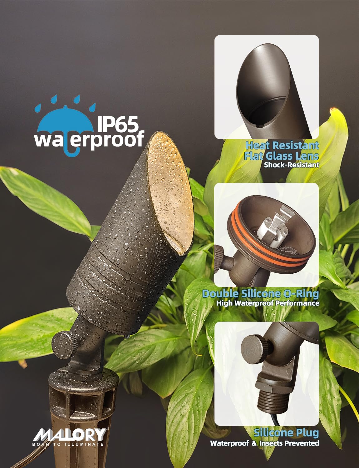 Malory brass landscape spotlight angled for versatile outdoor illumination.