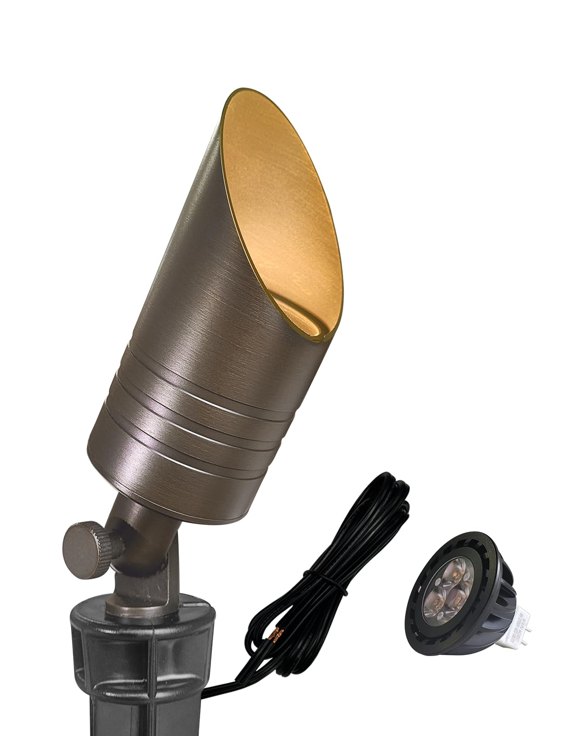 Malory brass landscape spotlight front view showcasing durable die-cast brass construction.