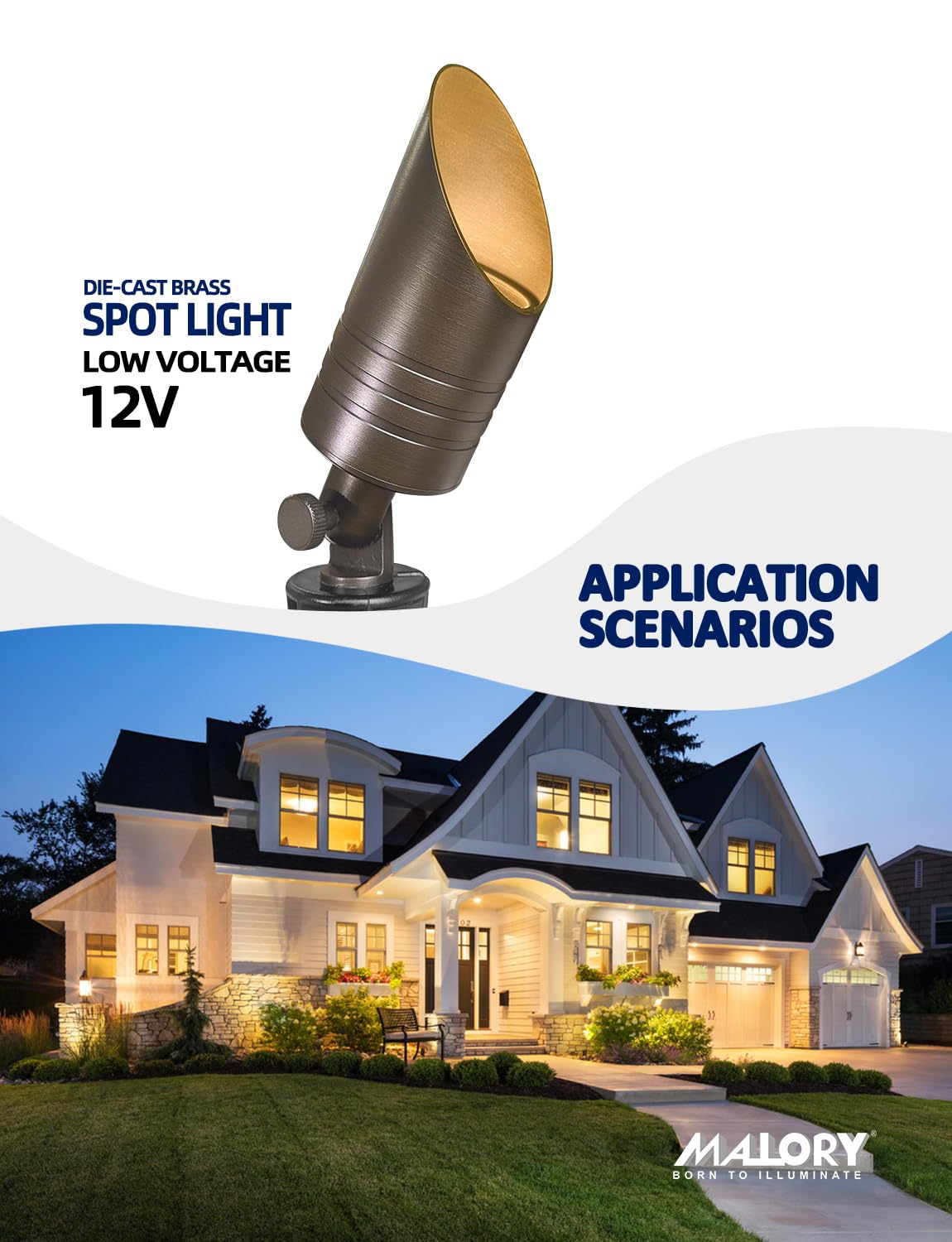 Malory brass landscape spotlight ground stake included for easy installation.