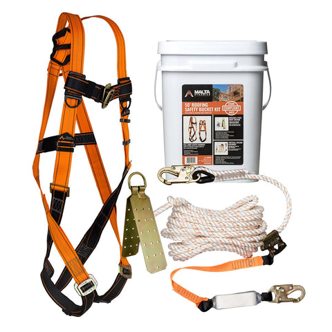 Malta Dynamics roofer safety bucket open view, all-in-one kit for safer roof work.