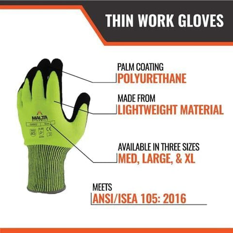 Malta Dynamics Safety Gloves seamless design reduces irritation during long shifts.
