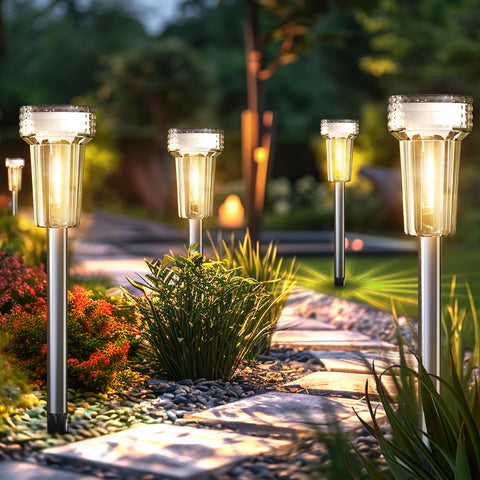 Mancra solar lights with diamond-head design add elegant ambiance along paths.
