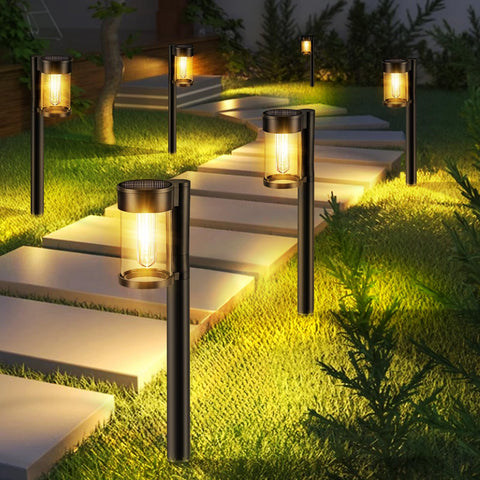 Mancra solar pathway lights 10-pack with glass lampshades brighten garden paths safely at night.