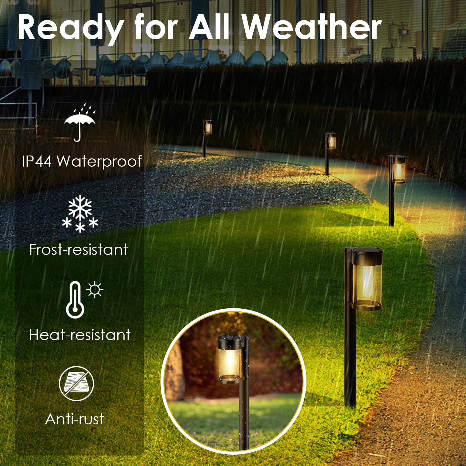 Mancra solar pathway lights IP44 durability withstands rain and snow.