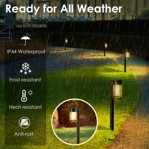 Mancra solar pathway lights IP44 durability withstands rain and snow.