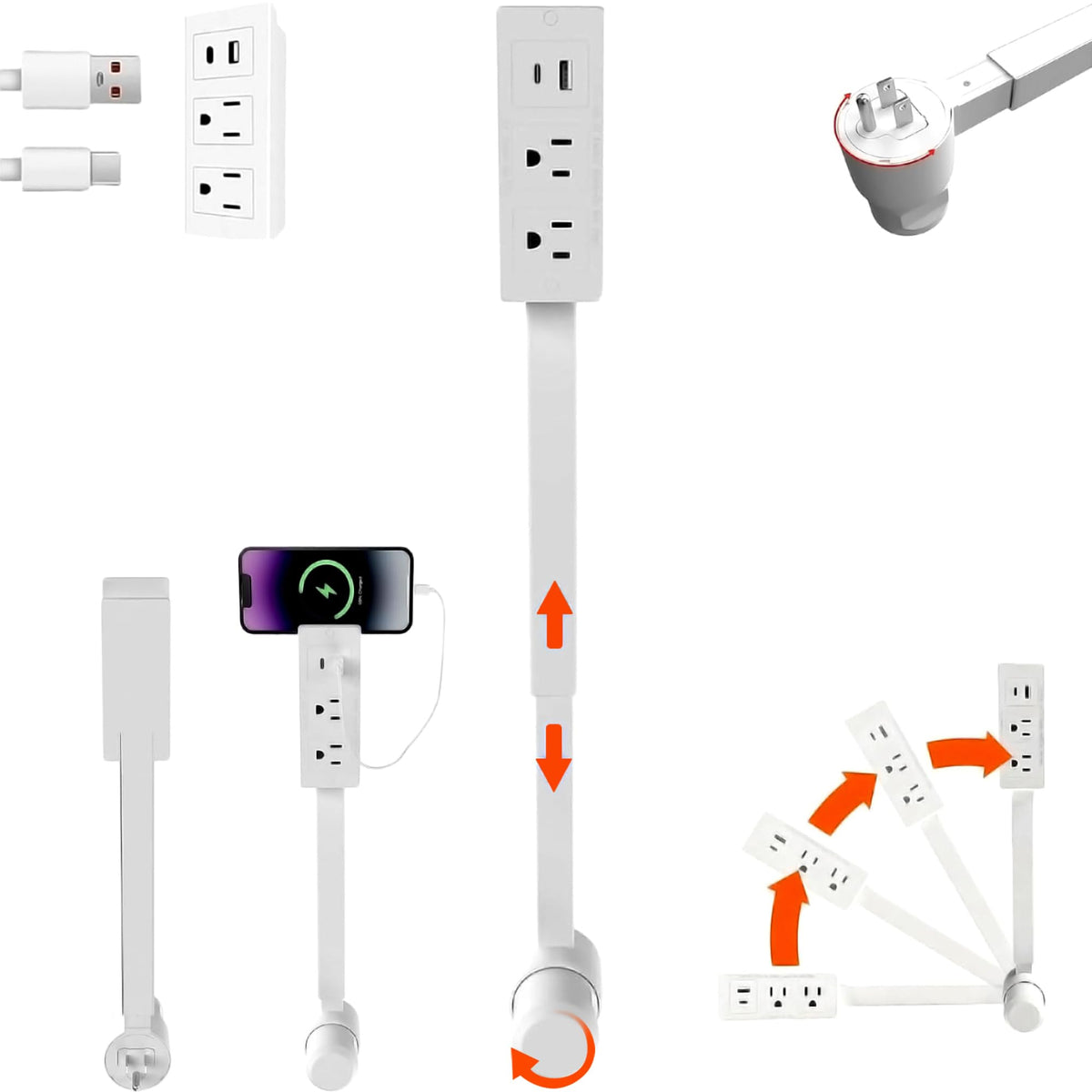 MANGOBOB electrical outlet extender with 18-28 inch rotate reach behind nightstands