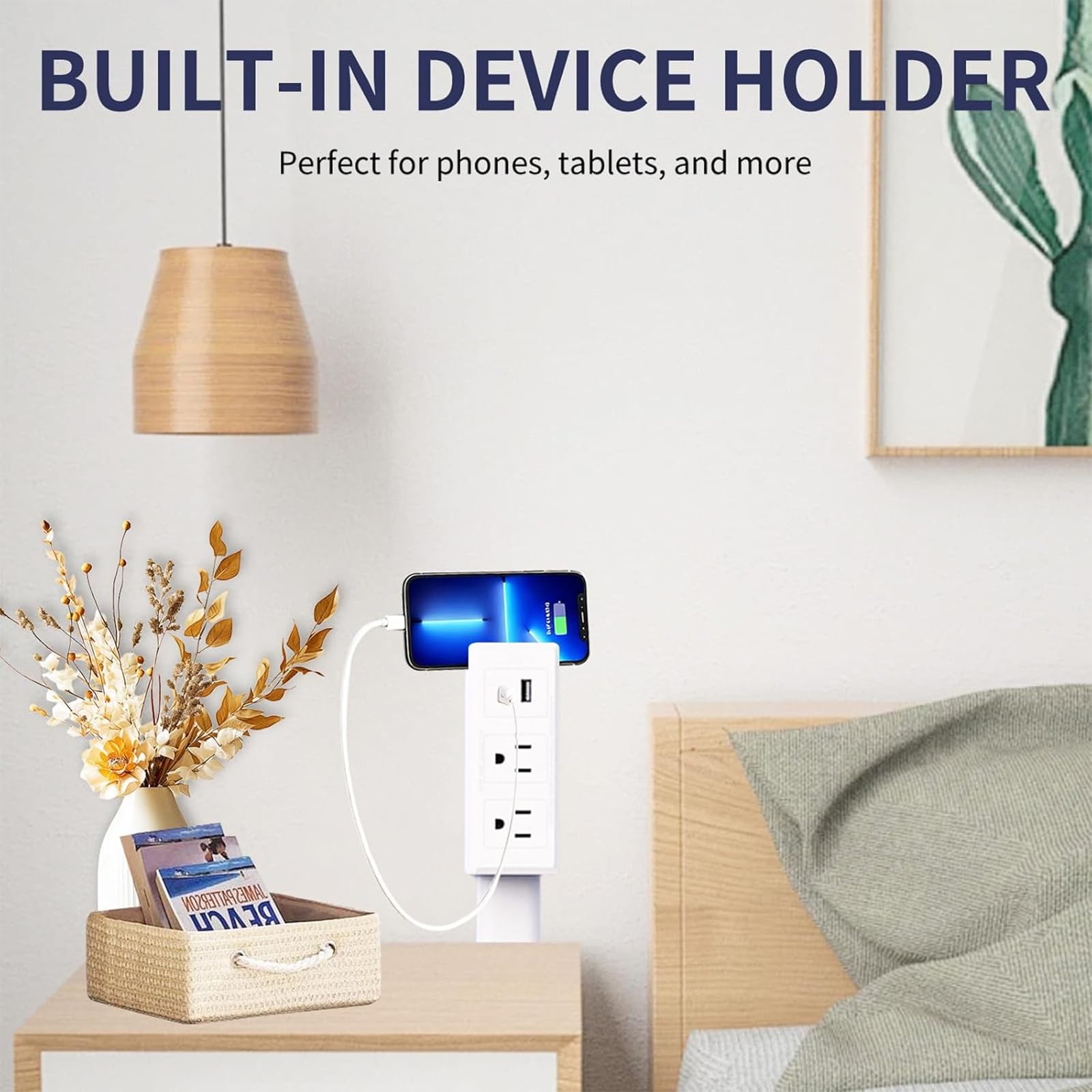 MANGOBOB extendable power outlet extender highlighting 2 AC outlets and USB ports for multiple devices