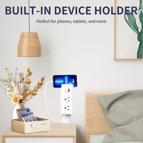 MANGOBOB extendable power outlet extender highlighting 2 AC outlets and USB ports for multiple devices