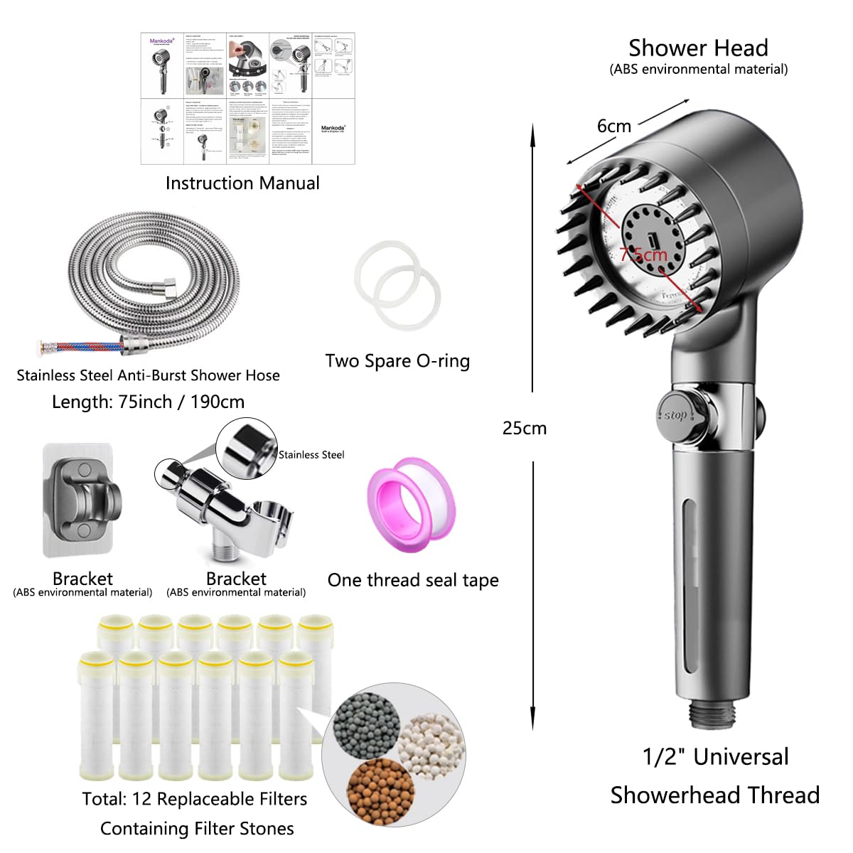 Mankoda shower head with water softener filters reduces mineral content