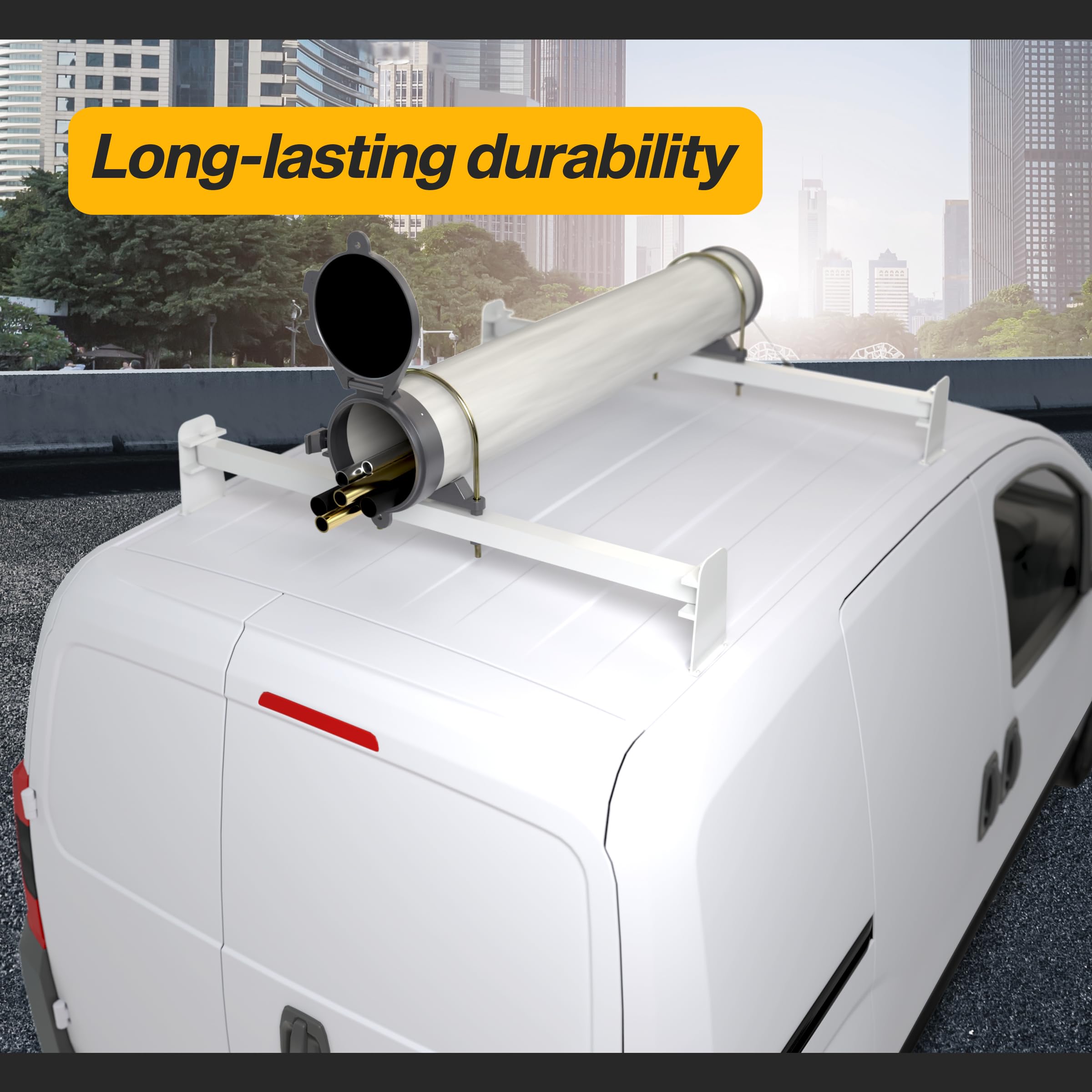 Manram conduit carrier kit mounted with pipe promotes organized vehicle storage.