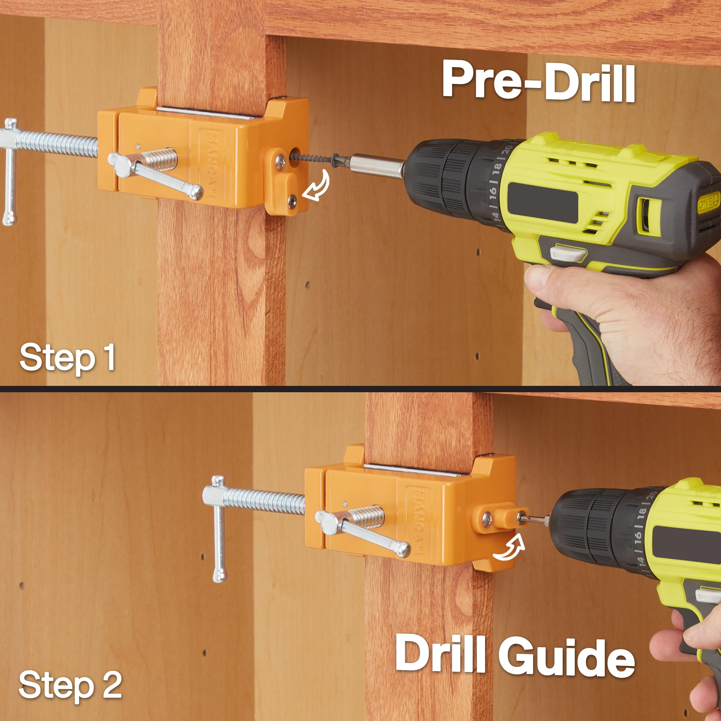 Manram drill guide offers precise pilot holes before driving screws