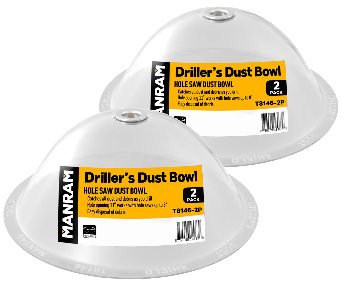 Manram Hole Saw Dust Bowl 2-Pack attached to drill capturing drywall dust.