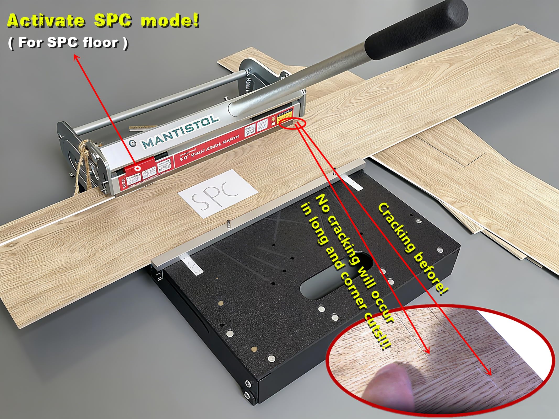 Mantistol cutter aligned at a door jamb for a precise fit.