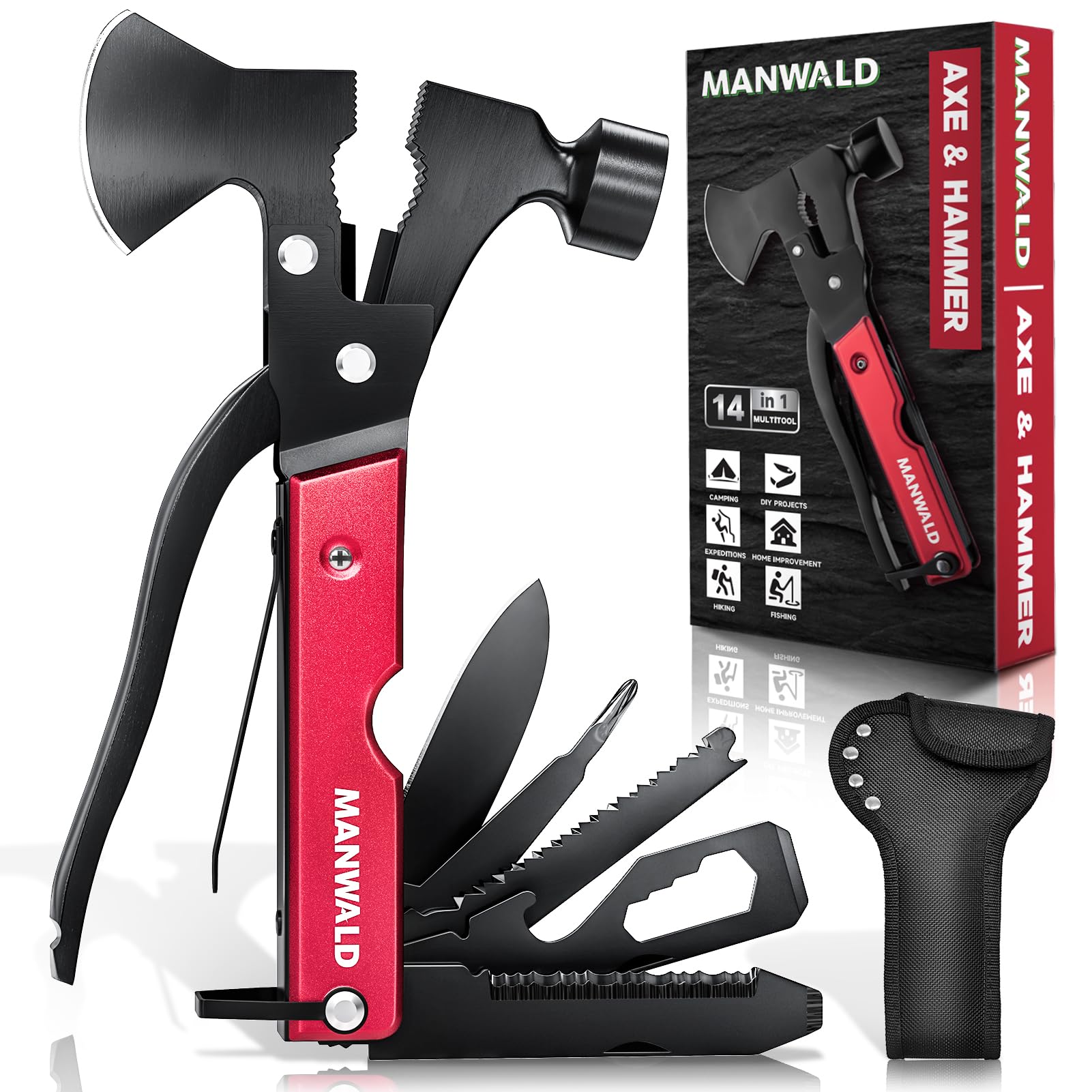 MANWALD 15-in-1 multitool axe hatchet in open configuration for versatile camping tasks.