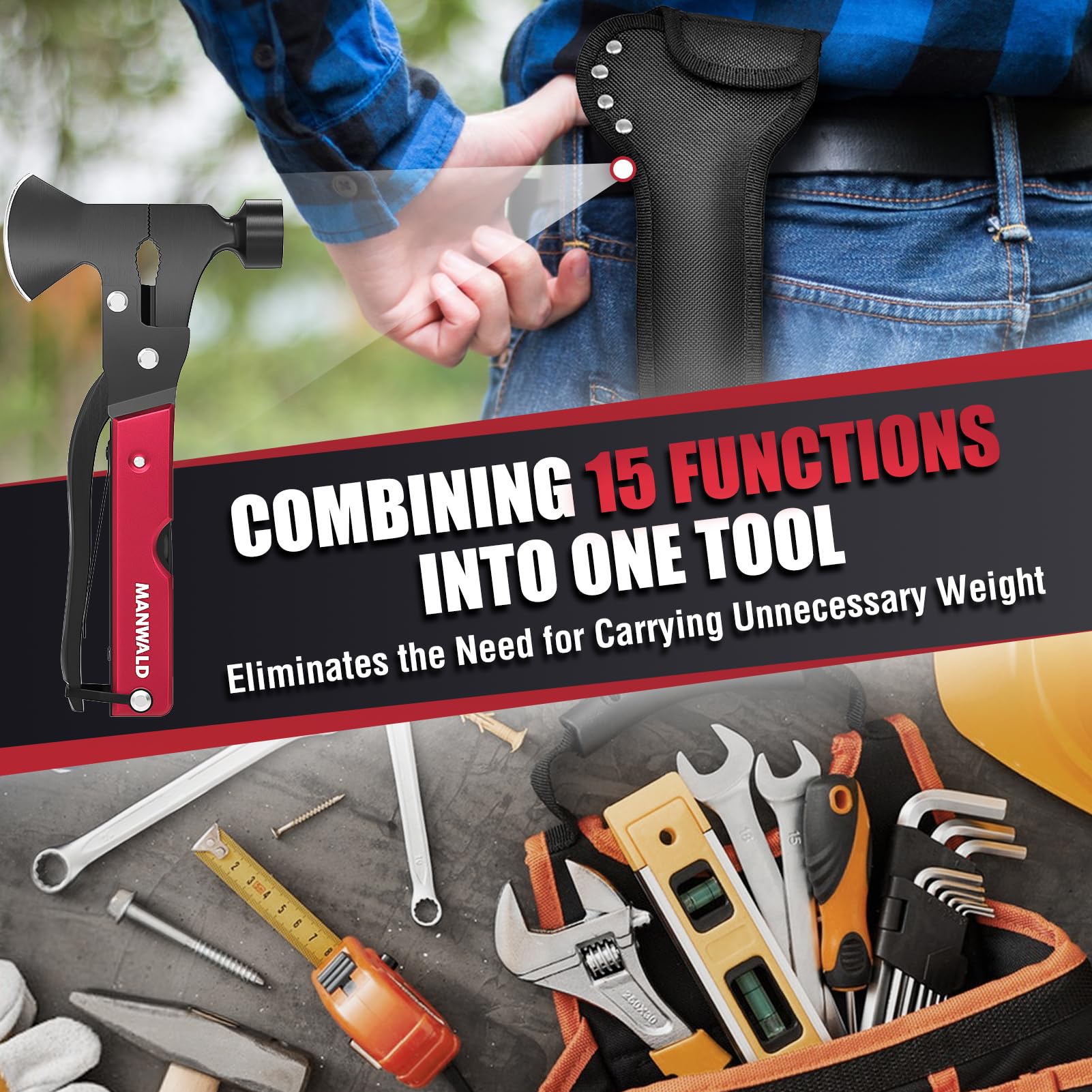 MANWALD 15-in-1 multitool axe compact design saves toolbox space during travel.