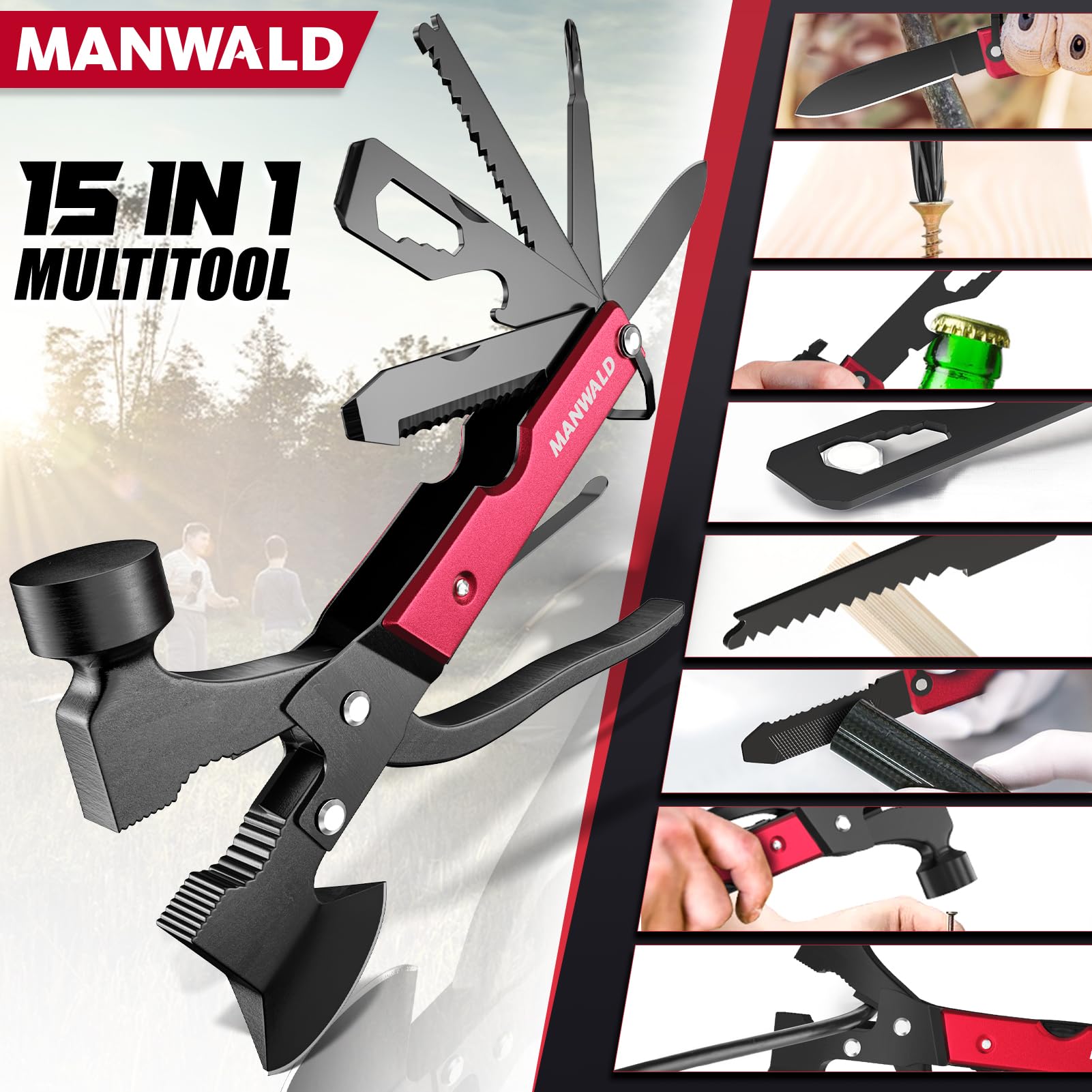 MANWALD 15-in-1 multitool axe saw blade ready for outdoor wood cutting.