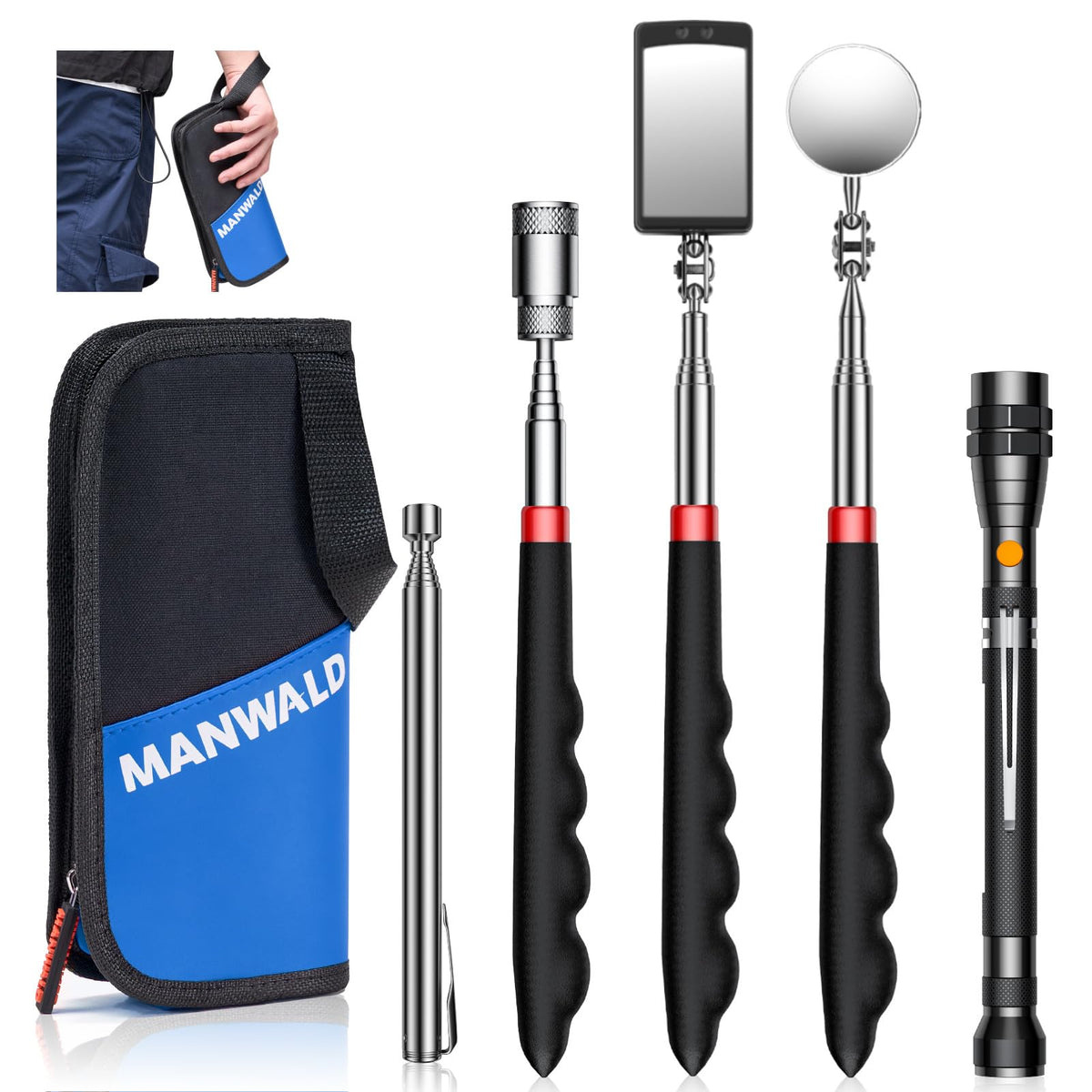 MANWALD magnetic pickup tool set with blue bag for easy transport.