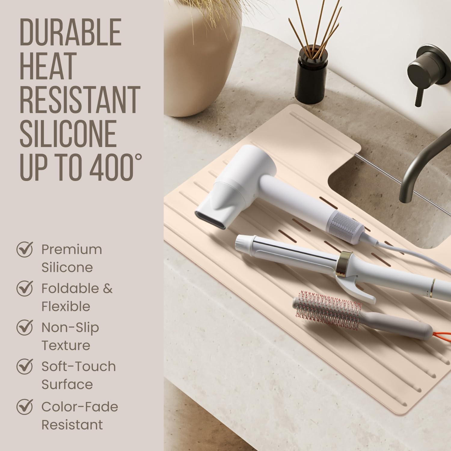 Maplefield travel-ready silicone sink mat for makeup and skincare use.