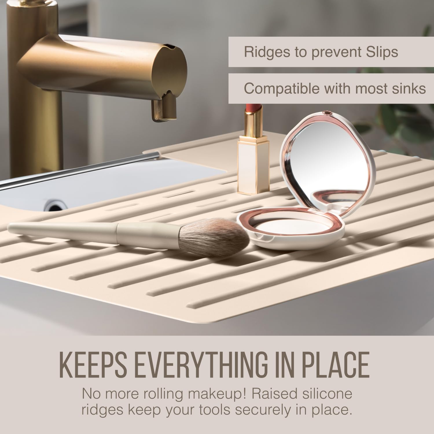 Maplefield beige mat supports a smooth morning routine near the faucet.