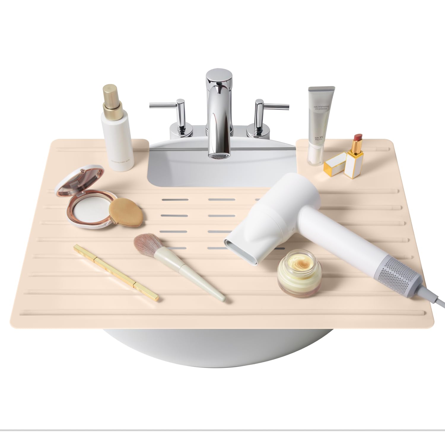 Maplefield beige silicone sink mat with raised ridges keeps makeup from rolling away.