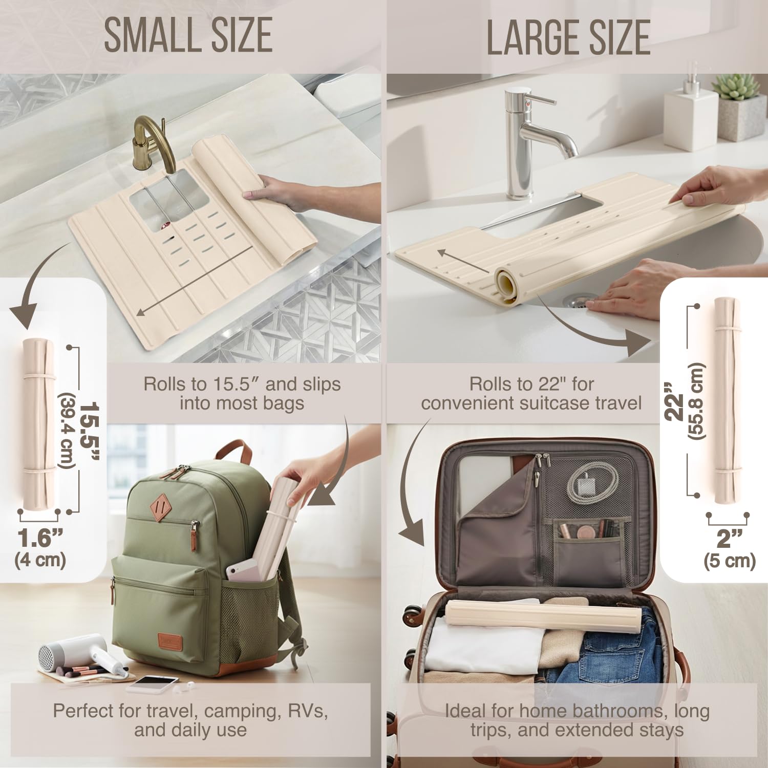 Maplefield beige silicone sink mat compact folded for travel storage.
