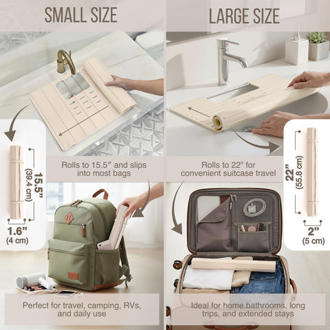Maplefield beige silicone sink mat compact folded for travel storage.