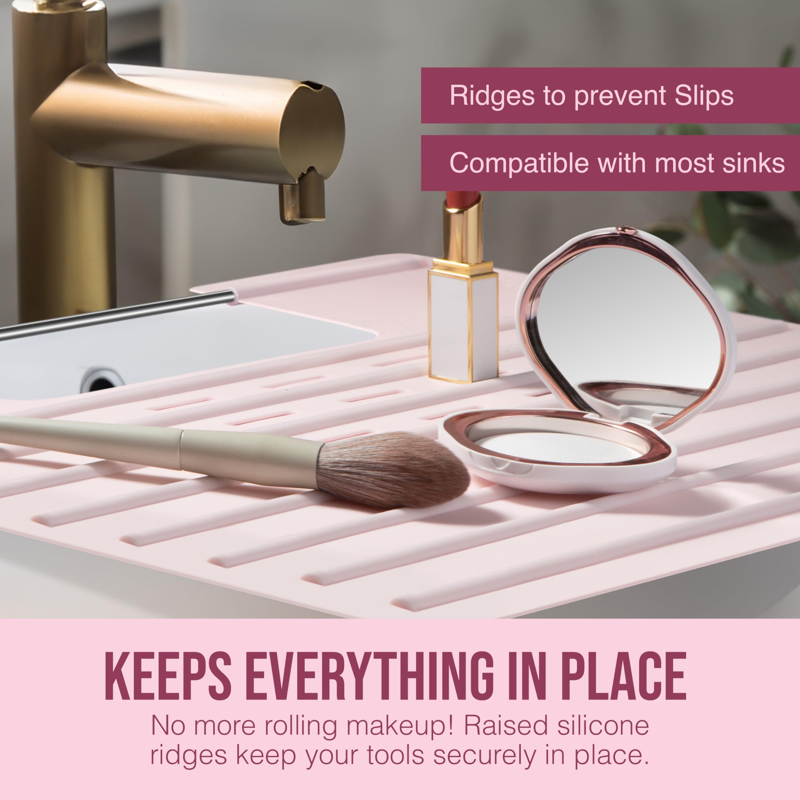Maplefield makeup mat on sink keeps products in place during routines