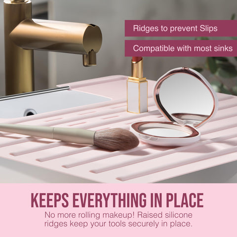 Maplefield makeup mat on sink keeps products in place during routines