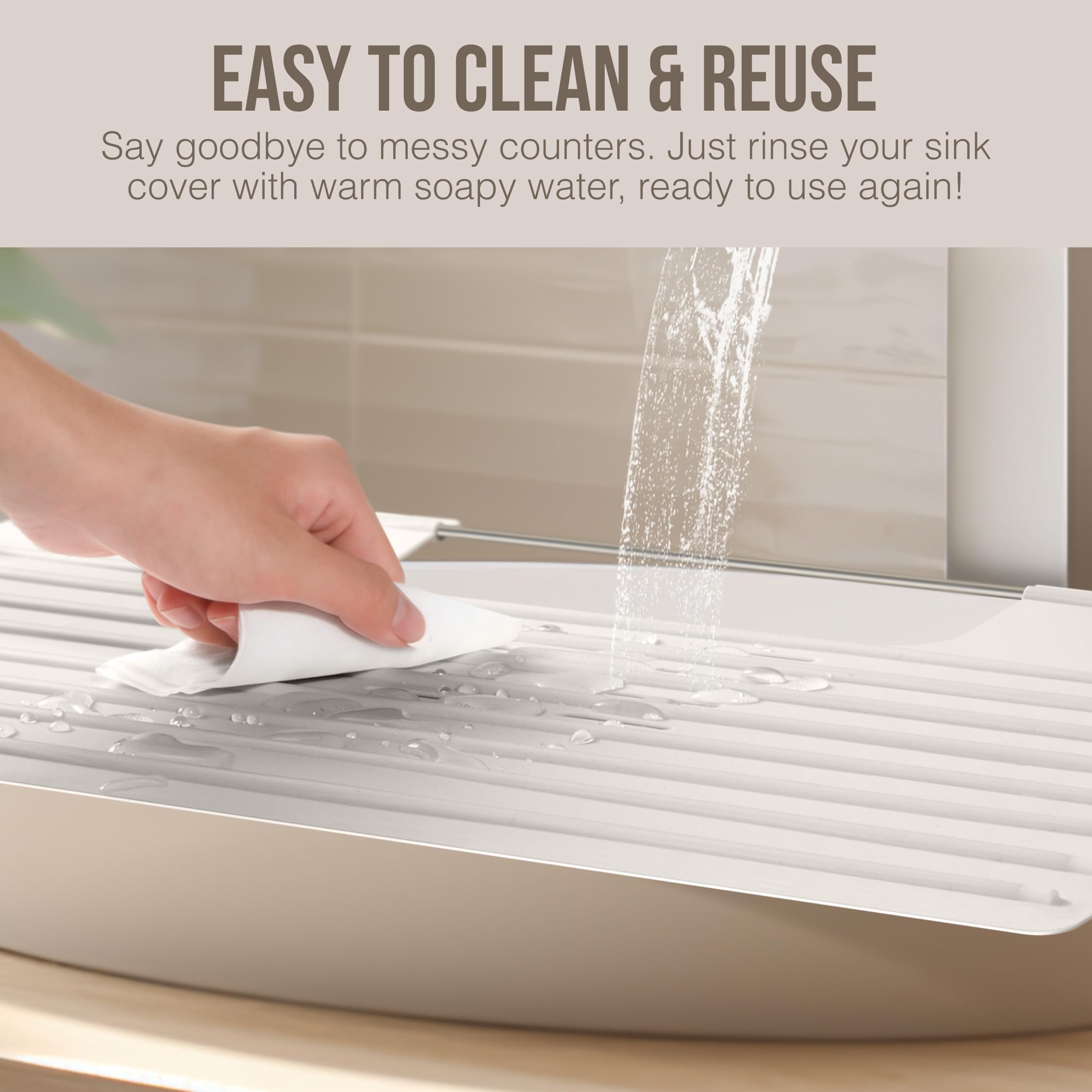 Maplefield silicone sink cover taupe color blends with decor.