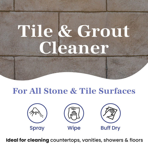 Marblelife cleaner mist applied to tile grout for deep degreasing.