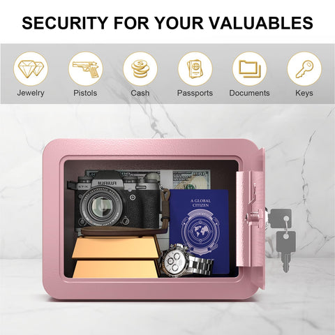 Marcree pink small safe included accessories: keys, bolts, mat.
