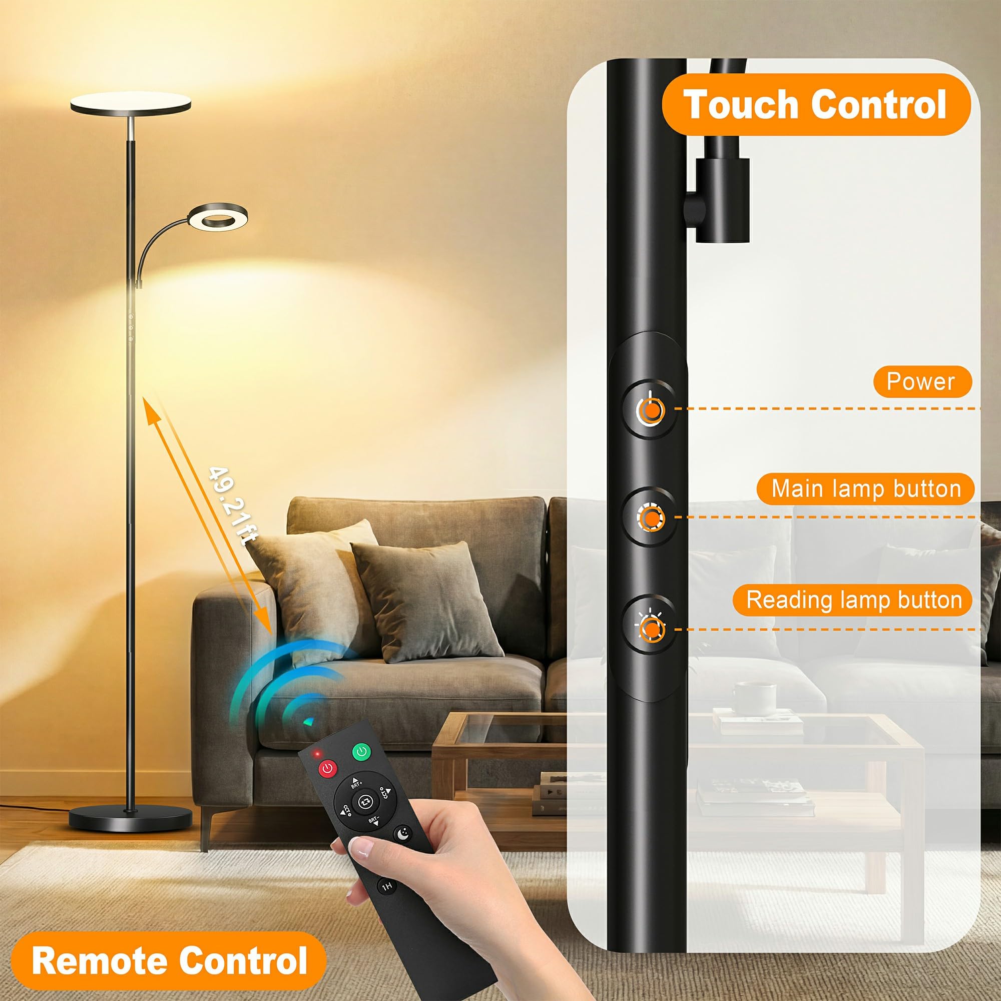 Marctronic floor lamp touch control for quick adjustments while reading.