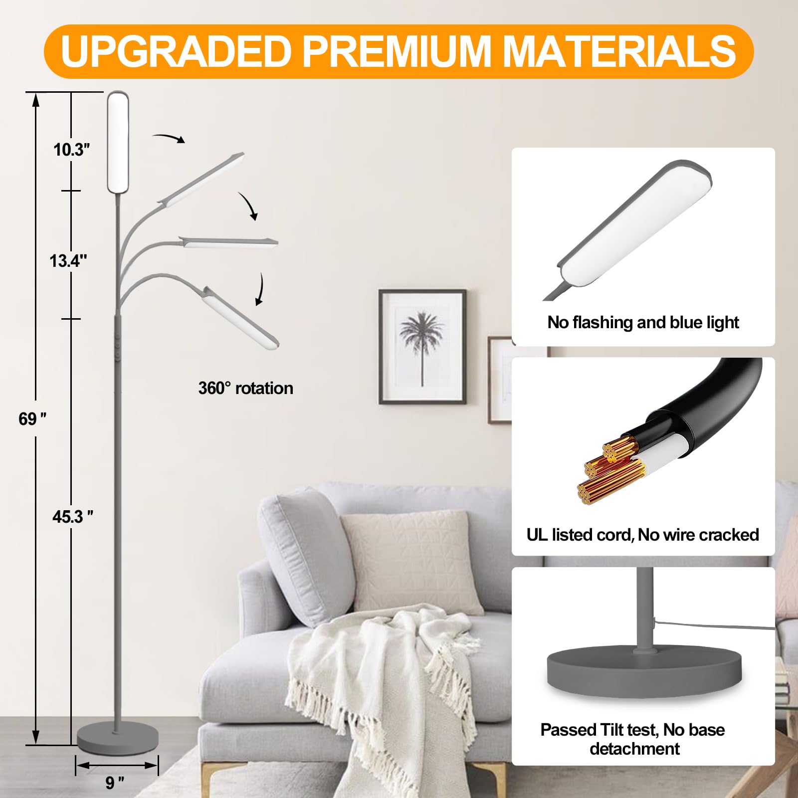Marctronic grey LED floor lamp 360 degree head adjustment for flexible lighting