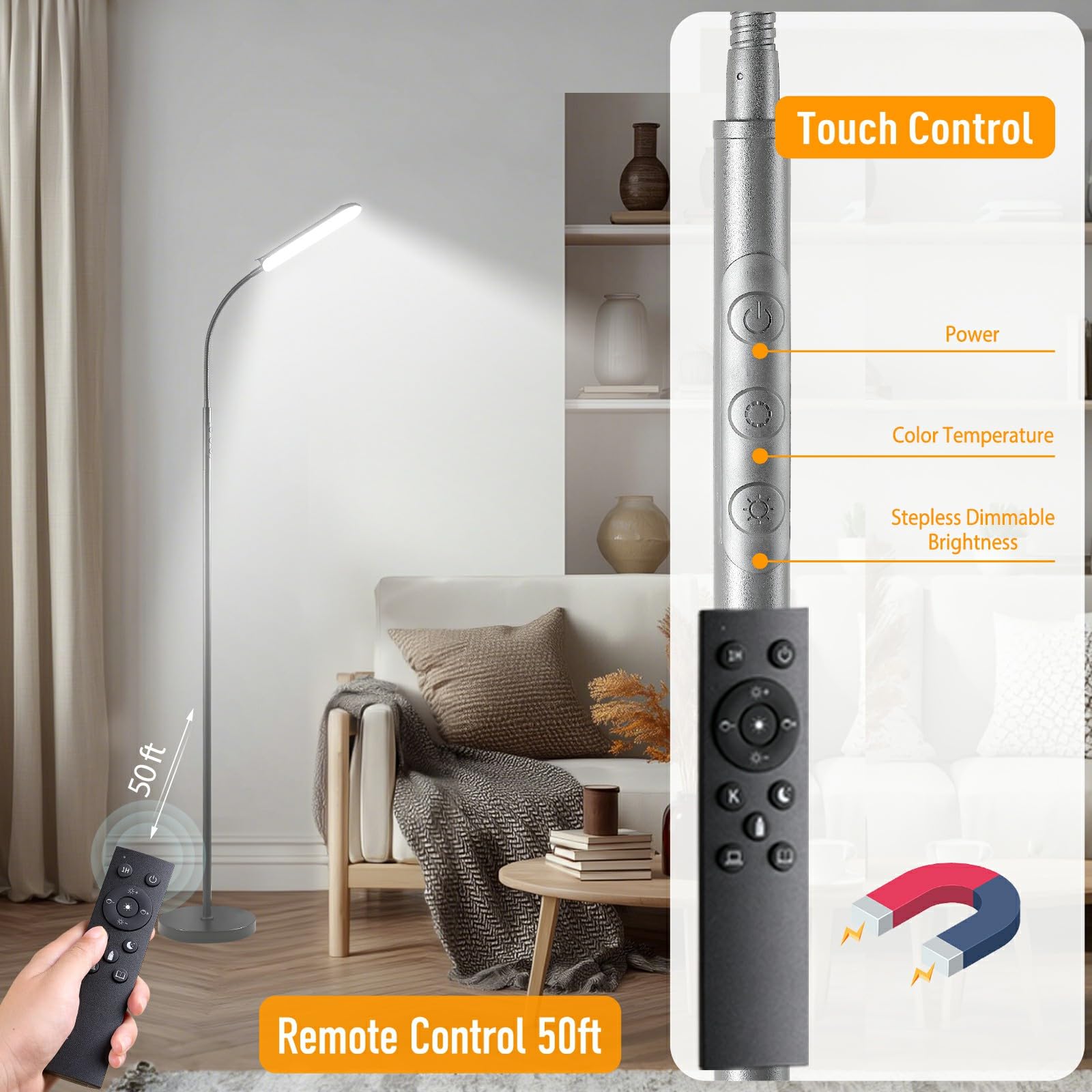 Marctronic grey LED floor lamp dimming control from soft to bright
