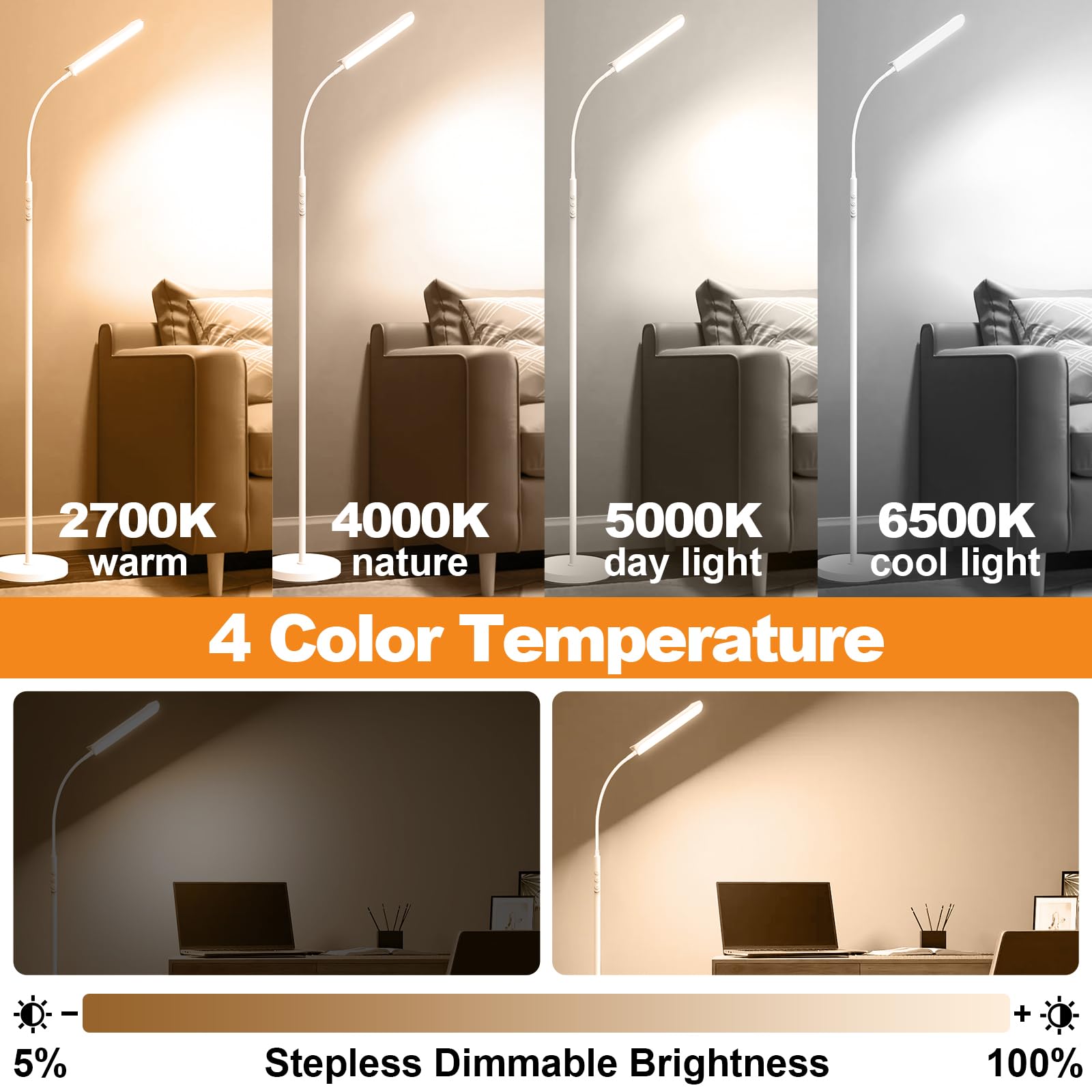Marctronic white floor lamp 360-degree head for versatile lighting angles