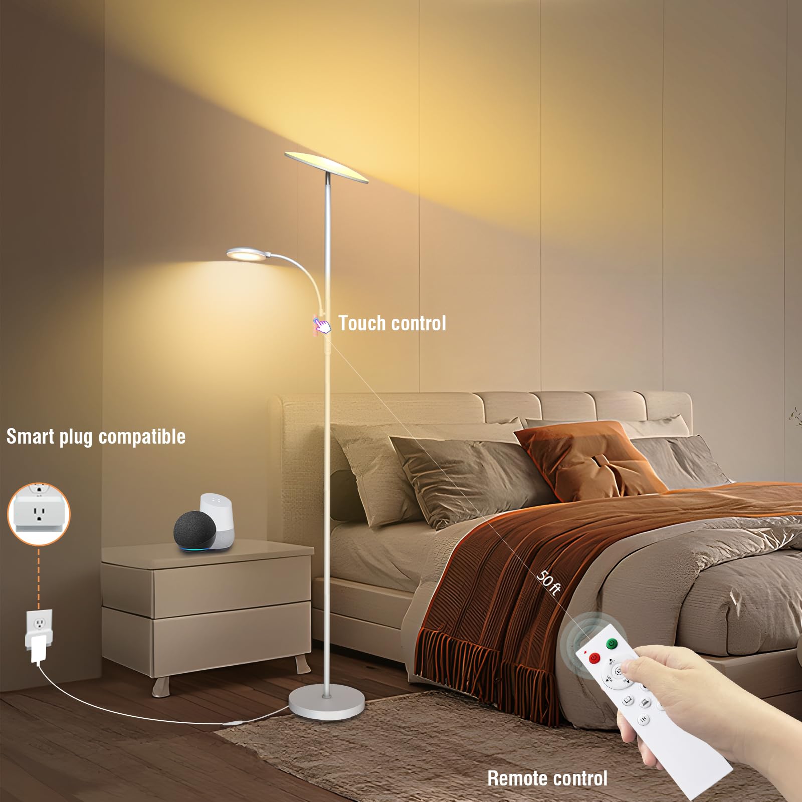 Marctronic white floor lamp dimmable feature lets you adjust mood lighting.