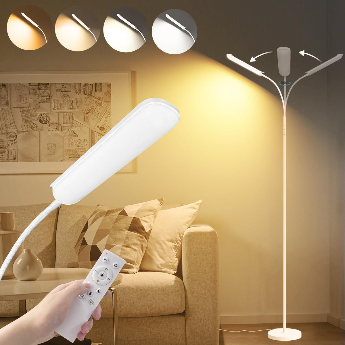 Marctronic white floor lamp front view emits bright 1800lm for living rooms