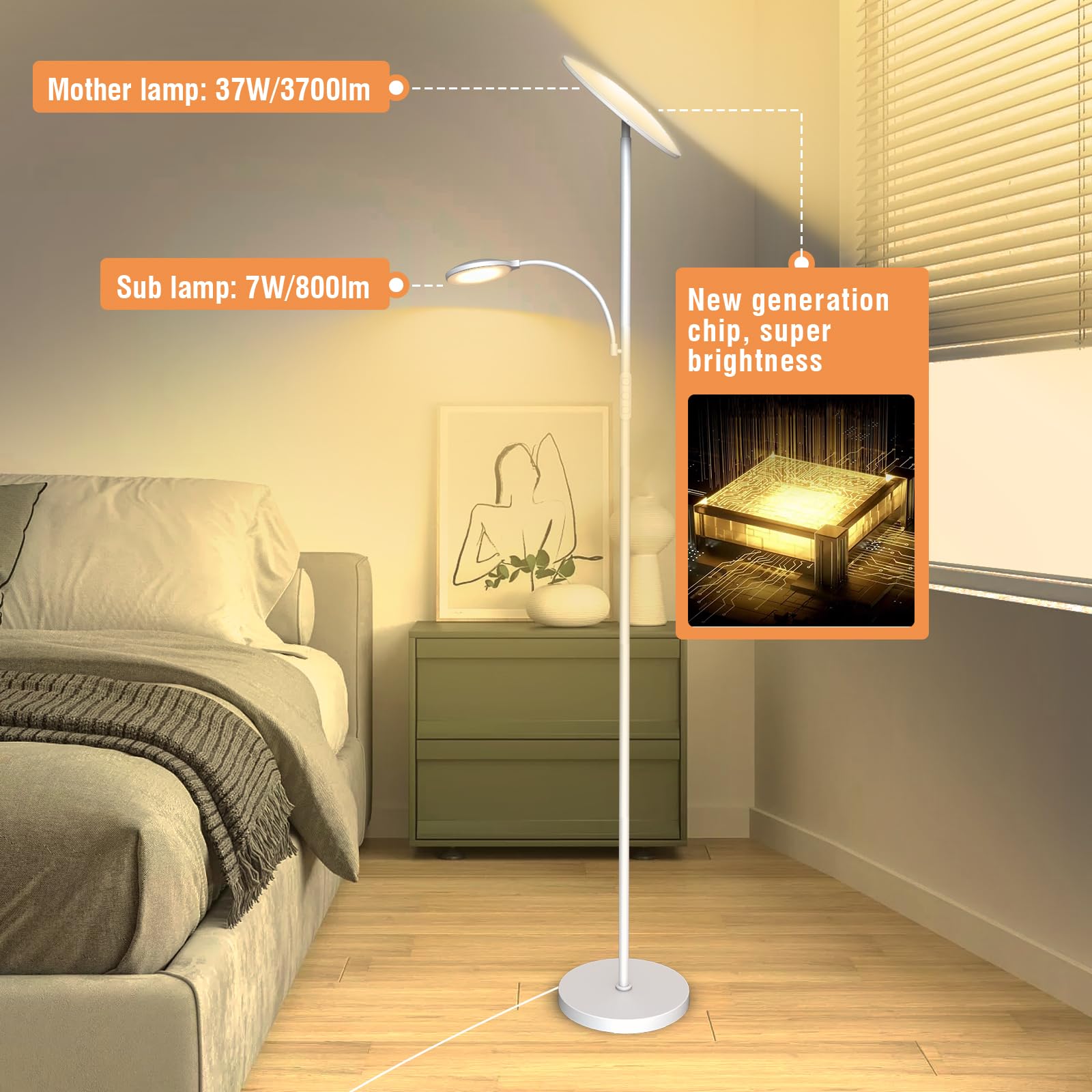 Marctronic white floor lamp reading light angle enables focused tasks.