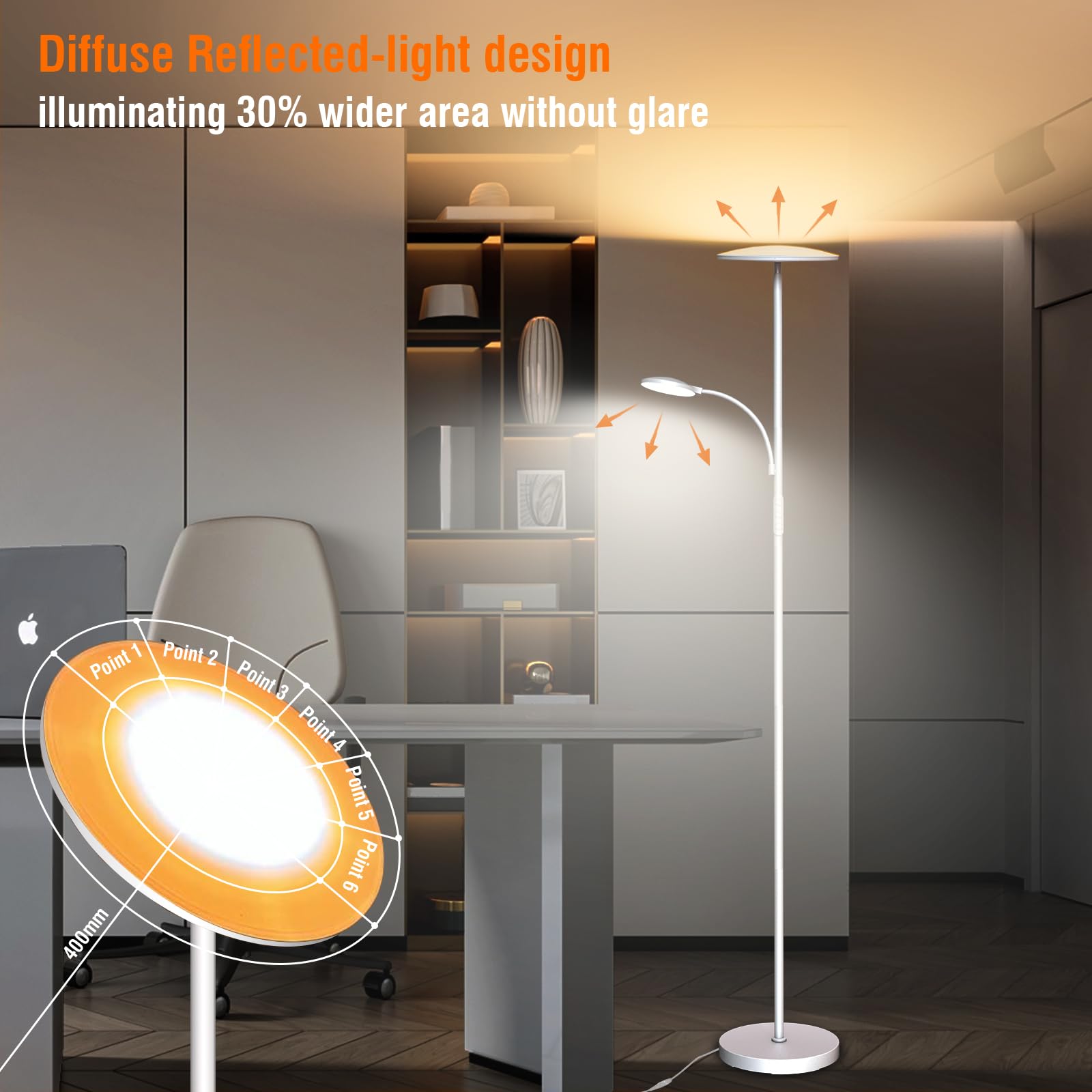 Marctronic white floor lamp remote control enables easy operation from anywhere.