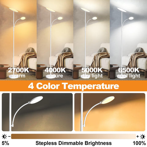 Marctronic white floor lamp adjustable head rotates for versatile corner lighting.