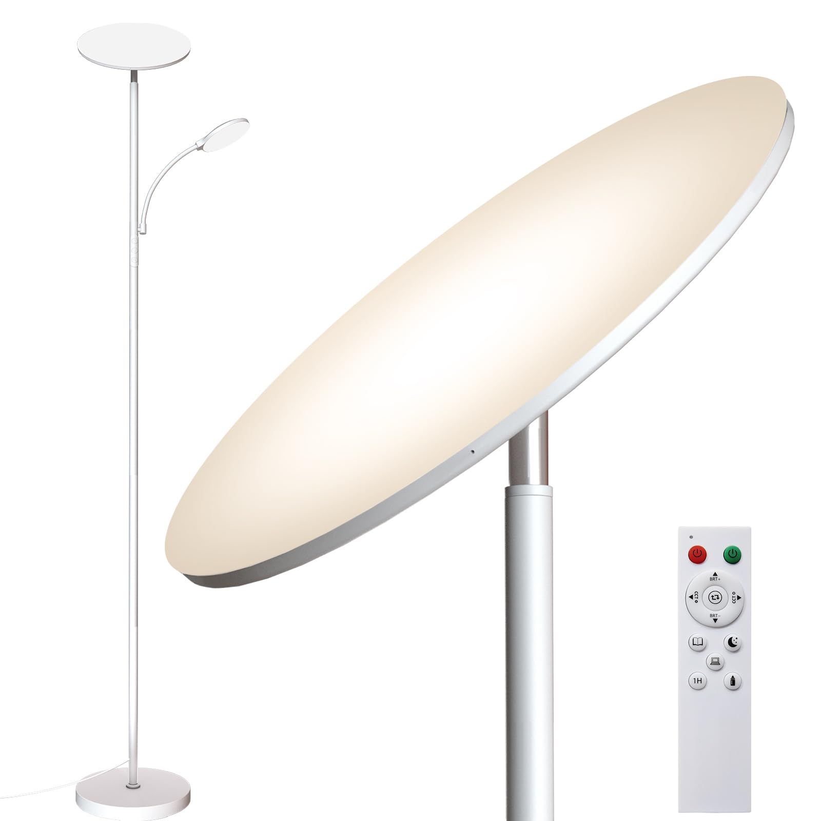 Marctronic white floor lamp stand provides tall, even illumination for living rooms.