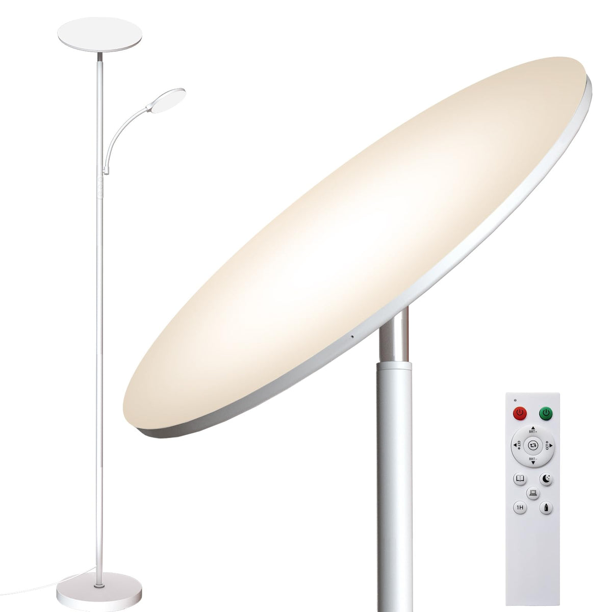 Marctronic white floor lamp stand provides tall, even illumination for living rooms.